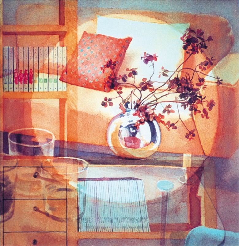 Aquarell: Ein Regal mit Büchern, ein orangefarbenes Kissen und eine runde Glasvase mit rotbraunen Zweigen, darunter durchscheinend eine Kommode und Gläser.