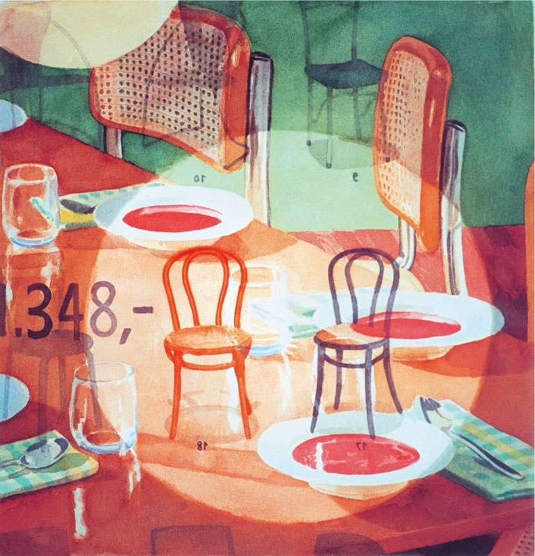 Aquarell: Ein gedeckter Tisch mit drei tiefen Tellern voller roter Suppe, Gläsern, Bistrostühlen und Korbstühlen, im Bild steht eine Preisangabe mit „348,-“.