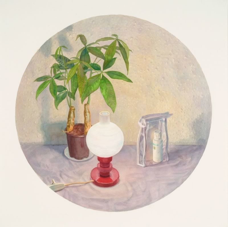 Aquarell im Kreisformat: Eine Pflanze mit geflochtenem Stamm in einem braunen Topf neben einer Lampe mit weißer Kugel und rotem Fuß und einer Plastiktasche mit Flasche.
