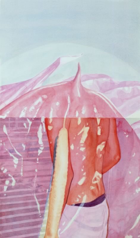 Aquarell im Hochformat: Ein Rücken mit rosa Tuch und Regenschirmform in Rot, Rosa und Blau, links Lamellen einer Jalousie.