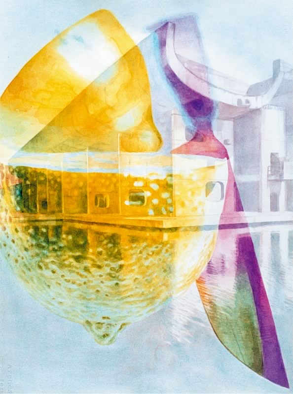Aquarell: Eine halbierte Zitrone in Gelb, in der sich ein Betongebäude am Wasser spiegelt, rechts ein violettes, geschwungenes Dach.
