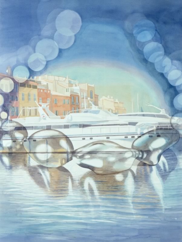 Aquarell: Luxusjachten an einer Kaimauer mit bunten Häusern, im Vordergrund durchsichtige Perlen im Wasser, darüber ein Bogen aus blauen Lichtkreisen.