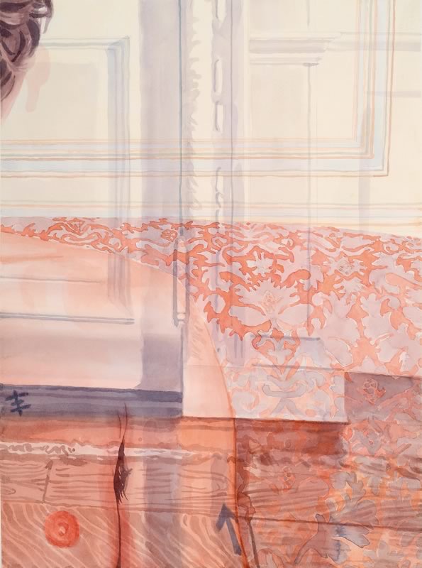 Aquarell: Ein Zimmer mit geschwungenen Wandpaneelen und einem Bett mit rot-weiß gemustertem Bezug, darüber liegen durchscheinend weitere Flächen.