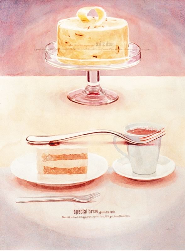 Aquarell: Eine Tortenplatte mit Torte, ein Stück Kuchen auf Teller, eine Tasse mit Gabel und darunter die Schrift „special brew green tea torte“.