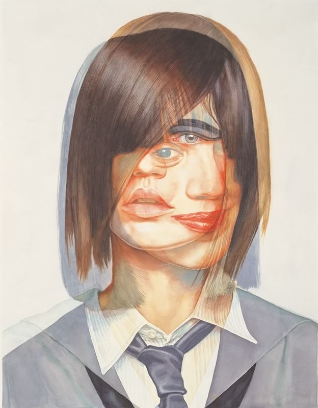 Aquarell: Porträt einer jungen Frau mit dunklem Bob und Pony, in grauem Blazer mit weißer Bluse und Krawatte, das Gesicht ist mehrfach überlagert, mit zwei Augen und zwei Mündern.