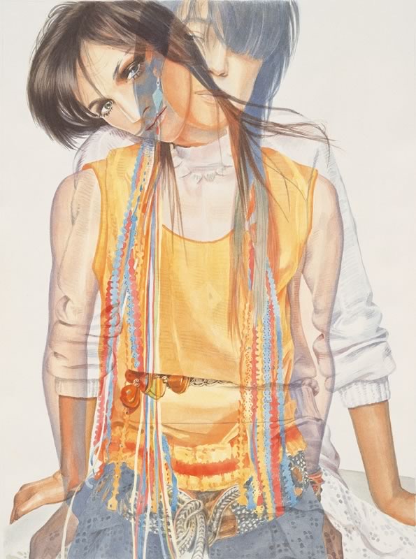 Aquarell: Eine junge Frau mit dunklem Haar lehnt den Kopf zur Seite, sie trägt ein gelbes Trägeroberteil mit bunten Bändern und Jeans, hinter ihr ist eine zweite Gestalt in Weiß angedeutet.
