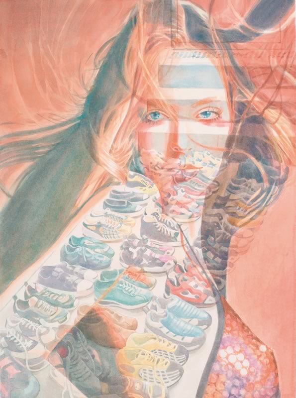 Aquarell: Eine junge Frau mit rotblondem Haar und blauen Augen vor rotem Hintergrund, durch Streifen und viele Sportschuhe überlagert, unten links ein Tisch voller Turnschuhe.