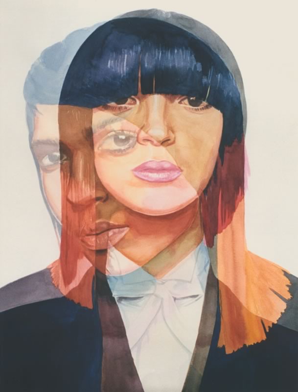 Aquarell: Porträt einer jungen Frau mit blauschwarzem Pony und rosa Lippen, darüber liegt durchscheinend ein zweites Gesicht mit dunklerer Haut, dazu ein weißes Hemd und eine dunkle Jacke.