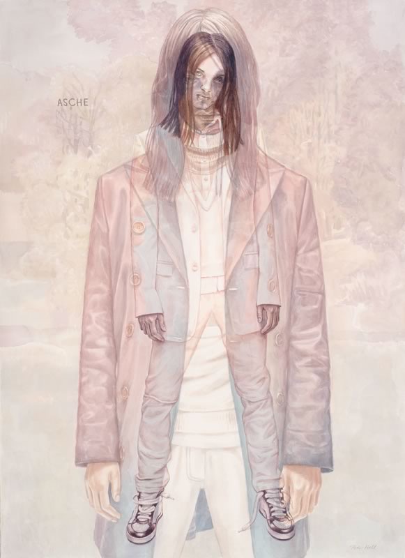 Aquarell: Eine langhaarige Gestalt in langem rosa Mantel, durch eine zweite, kleinere Gestalt in hellen Kleidern überlagert, vor einer verblassten Parklandschaft, oben links steht „ASCHE“.