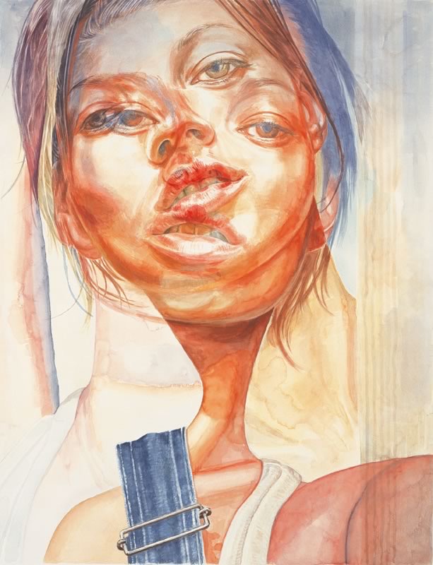 Aquarell: Nahaufnahme eines Frauengesichts in Orange und Rot mit mehrfach überlagerten Augen und Lippen, unten ein blaues Jeansträgerband mit Metallschnalle.