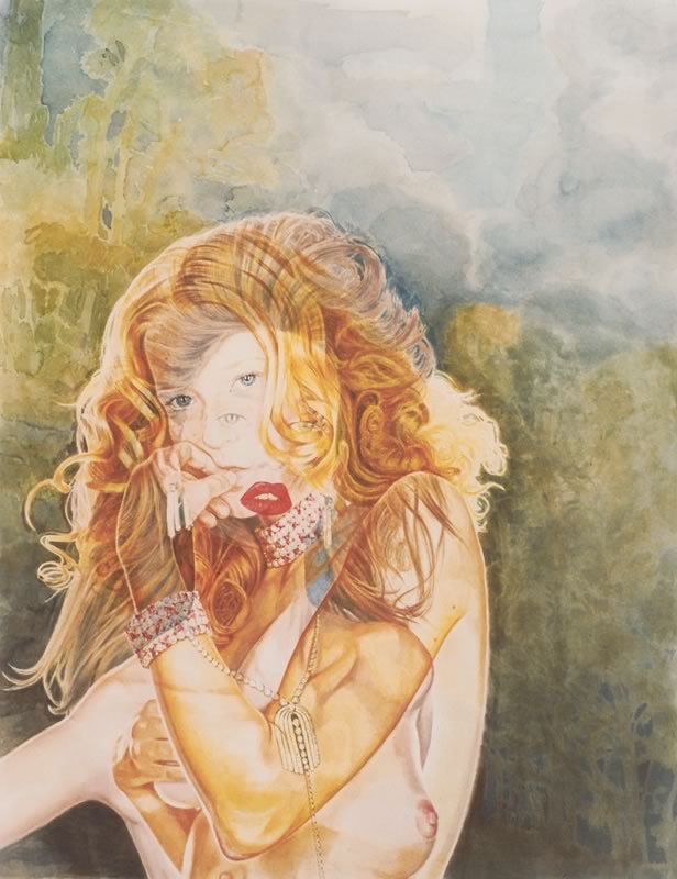 Aquarell: Eine junge Frau mit langen roten Locken und roten Lippen stützt das Kinn auf die Hand, sie trägt Perlenarmbänder und Halsketten, im Hintergrund grüne und blaue Farbflächen.