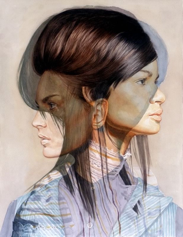 Aquarell: Zwei überlagerte Profile einer jungen Frau mit hochgestecktem dunklem Haar und hellblauer Bluse, eines schaut nach links, eines nach rechts.