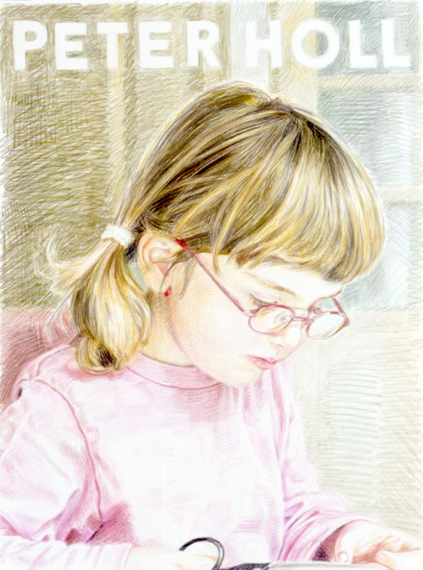 Buntstiftzeichnung: Ein Mädchen mit Brille und Pferdeschwanz in rosa Pullover liest, im Hintergrund steht in großen weißen Buchstaben „PETER HOLL“.