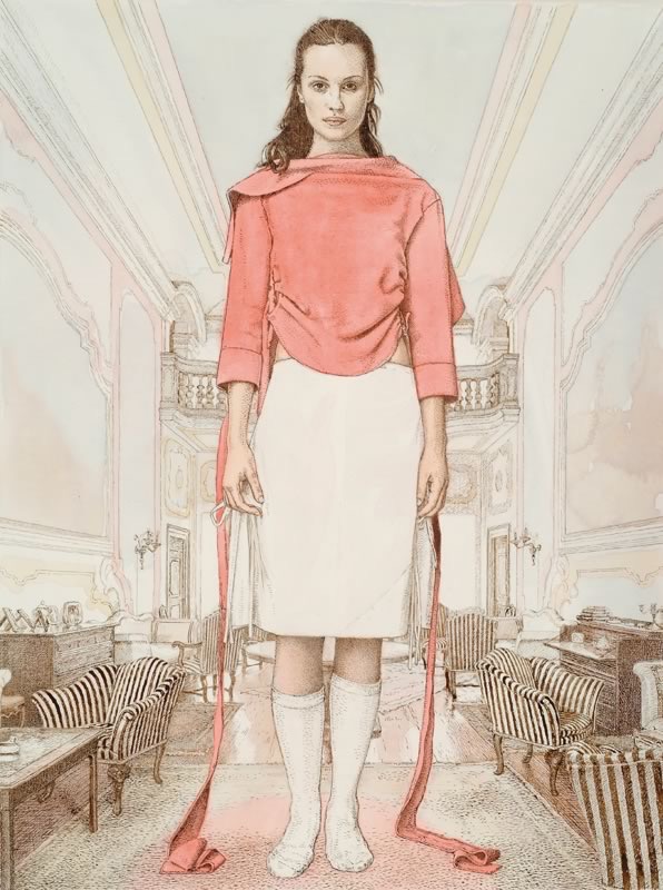 Aquarell und Tusche: Eine junge Frau in rosa Oberteil und weißem Rock mit losen roten Bändern steht in einem Saal mit gestreiften Sesseln, Kommoden und Stuckdecke.