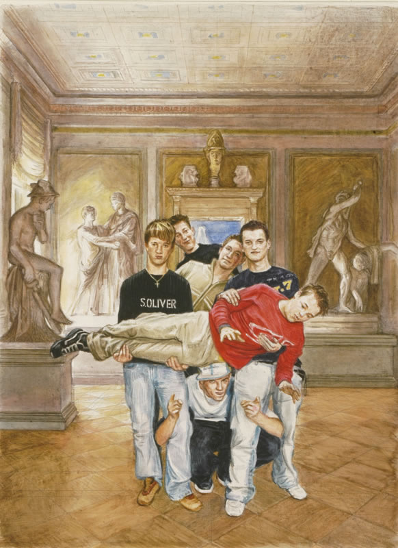 Aquarell: Eine Gruppe junger Männer in einem Saal mit Statuen und Stuckdecke, einer liegt waagerecht, von den anderen getragen, in rotem Pullover.