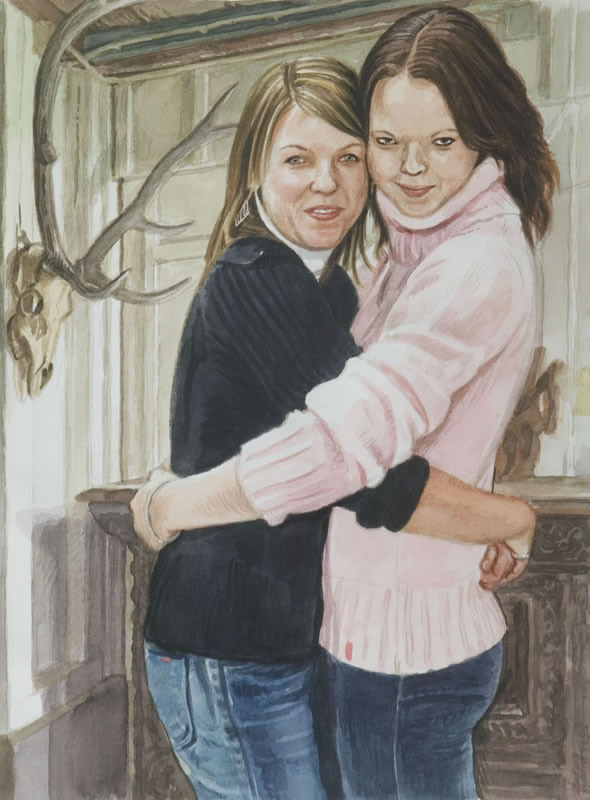 Aquarell, Tusche und Gouache: Zwei junge Frauen umarmen sich, eine in Schwarz, eine in rosa Rollkragenpullover, hinter ihnen ein Geweih an der Wand.