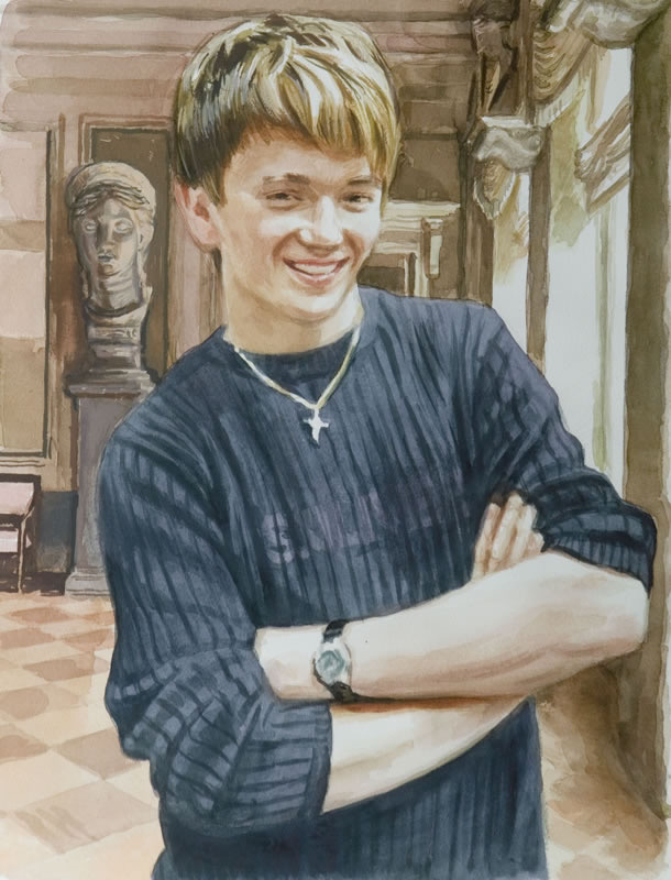 Aquarell, Tusche und Gouache: Ein lachender junger Mann in dunklem Pullover mit Kreuzkette, die Arme verschränkt, hinter ihm eine Büste in einem Saal.