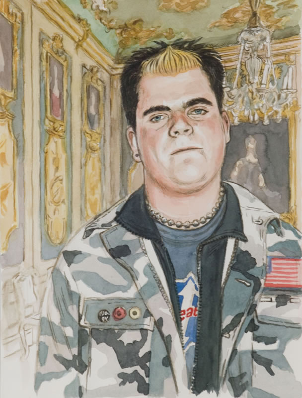Aquarell, Tusche und Gouache: Ein junger Mann in Tarnjacke mit US-Flagge auf dem Ärmel und einer Kette um den Hals, im Hintergrund vergoldete Rahmen und ein Kronleuchter.