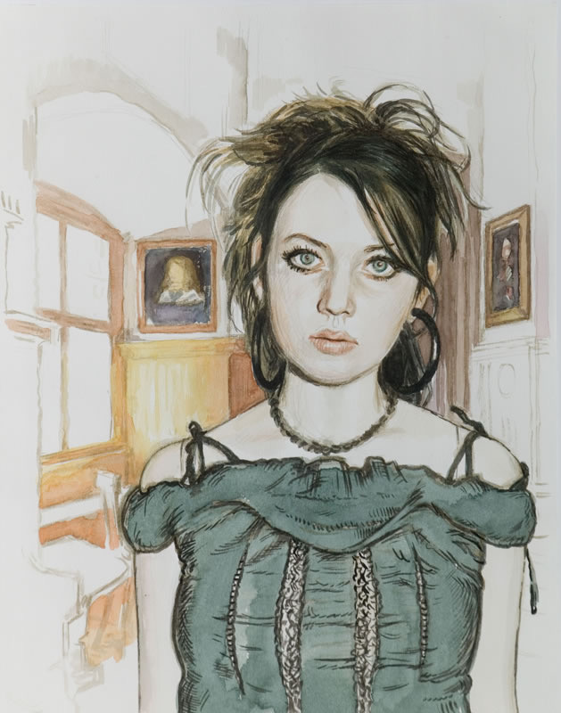 Aquarell, Tusche und Gouache: Eine junge Frau mit großen Augen, Ohrringen und zerzaustem Haar in grünem Trägeroberteil, hinter ihr Gemälde in einem Flur.