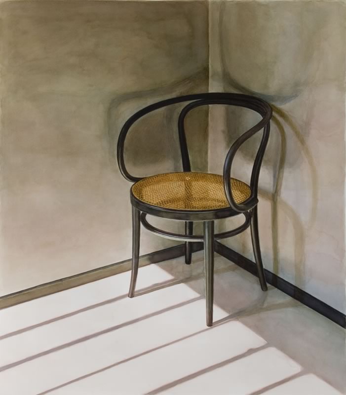 Aquarell: Ein schwarzer Holzstuhl mit geflochtener Sitzfläche in einer Zimmerecke, auf dem hellen Boden liegen Streifen von Sonnenlicht.