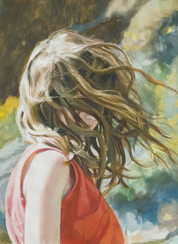 Aquarell und Gouache: Ein Mädchen in rotem Oberteil wirft den Kopf zur Seite, ihr langes Haar wirbelt vor dem Gesicht, der Hintergrund ist grün, blau und gelb.