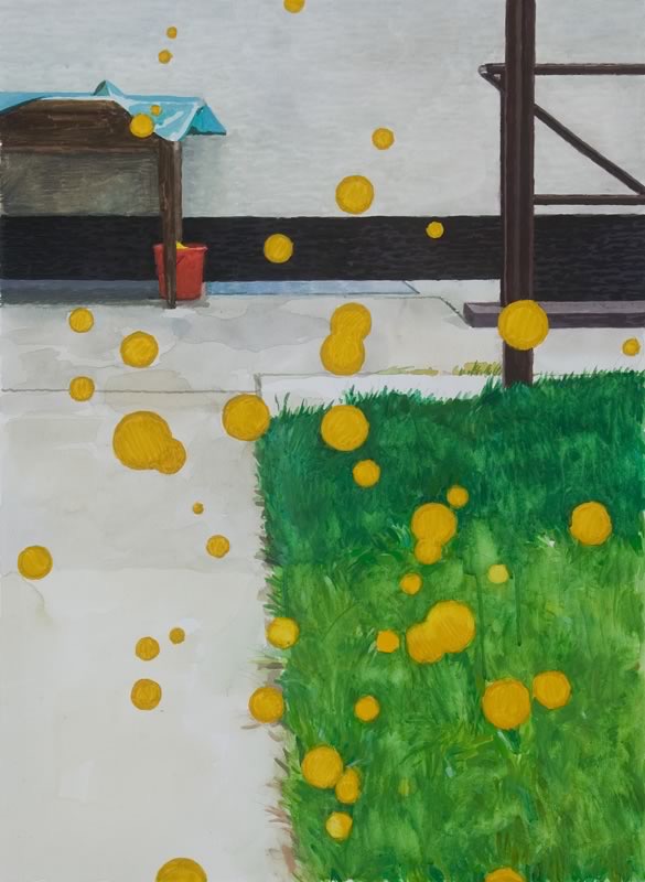 Gouache: Ein Rasenstück und ein Plattenweg neben einem kleinen Unterstand mit blauer Plane, über dem Bild schweben gelbe Punkte.