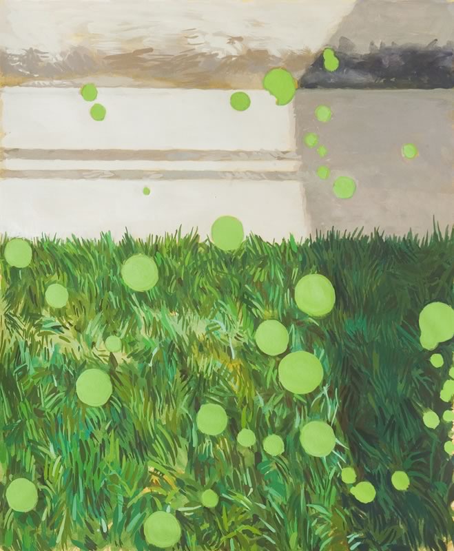 Gouache: Ein Rasenstück vor einer hellen Wand mit Stufen, über dem Bild schweben hellgrüne Punkte.