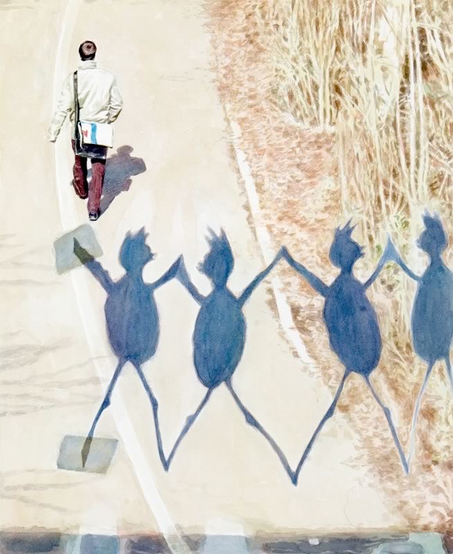 Aquarell: Ein Mann in heller Jacke mit Umhängetasche geht auf einem Weg, davor die blauen Schatten von vier Figuren, die sich an den Händen halten.
