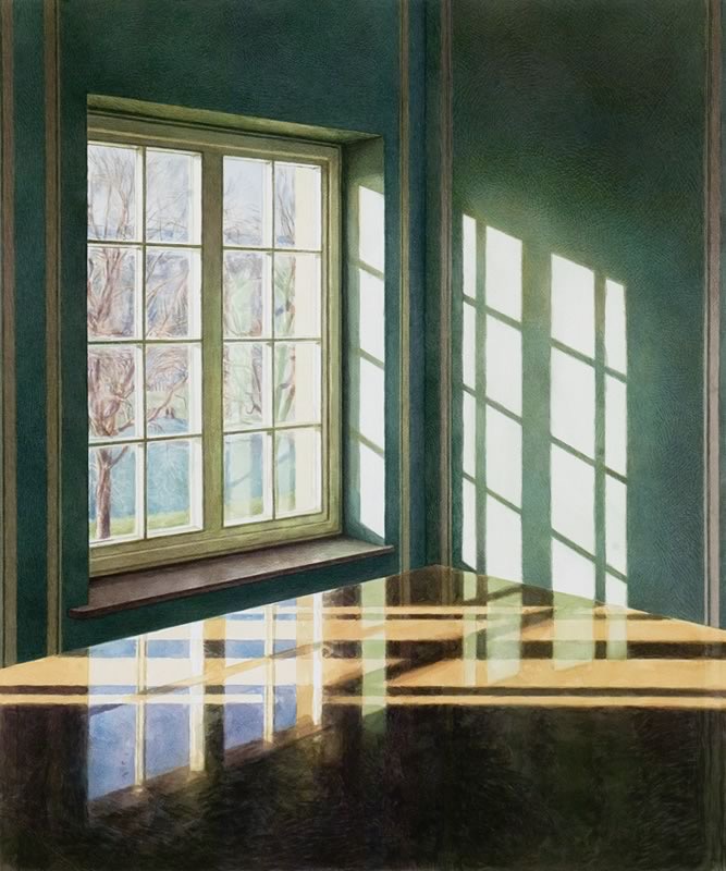 Aquarell: Ein dunkelgrüner Raum mit einem Sprossenfenster, im Sonnenlicht spiegeln sich die Fenster auf dem glänzenden Boden.
