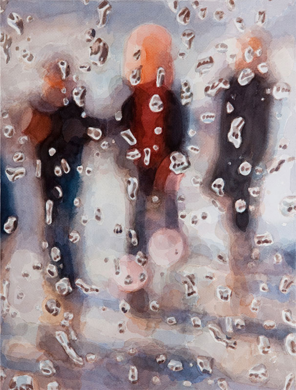 Aquarell: Drei verschwommene Gestalten in dunkler und roter Kleidung, durch eine regennasse Scheibe gesehen.