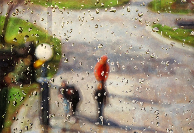 Aquarell: Zwei Menschen auf einem Weg, einer mit roter Mütze, im Vordergrund eine Laterne, alles durch eine regennasse Scheibe gesehen, links eine grüne Rasenfläche.