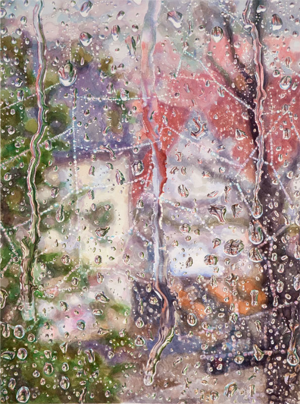 Aquarell: Ein Spinnennetz mit Tautropfen vor einem Haus mit rotem Dach und grünen Sträuchern, Regentropfen laufen über die Scheibe.
