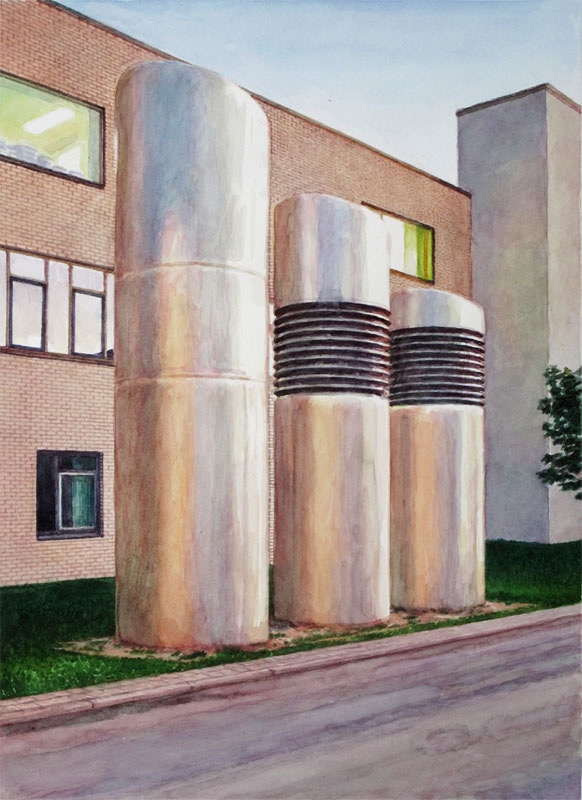 Aquarell: Drei große metallene Lüftungsrohre stehen vor einer Backsteinwand, davor eine Straße und ein Rasenstreifen.
