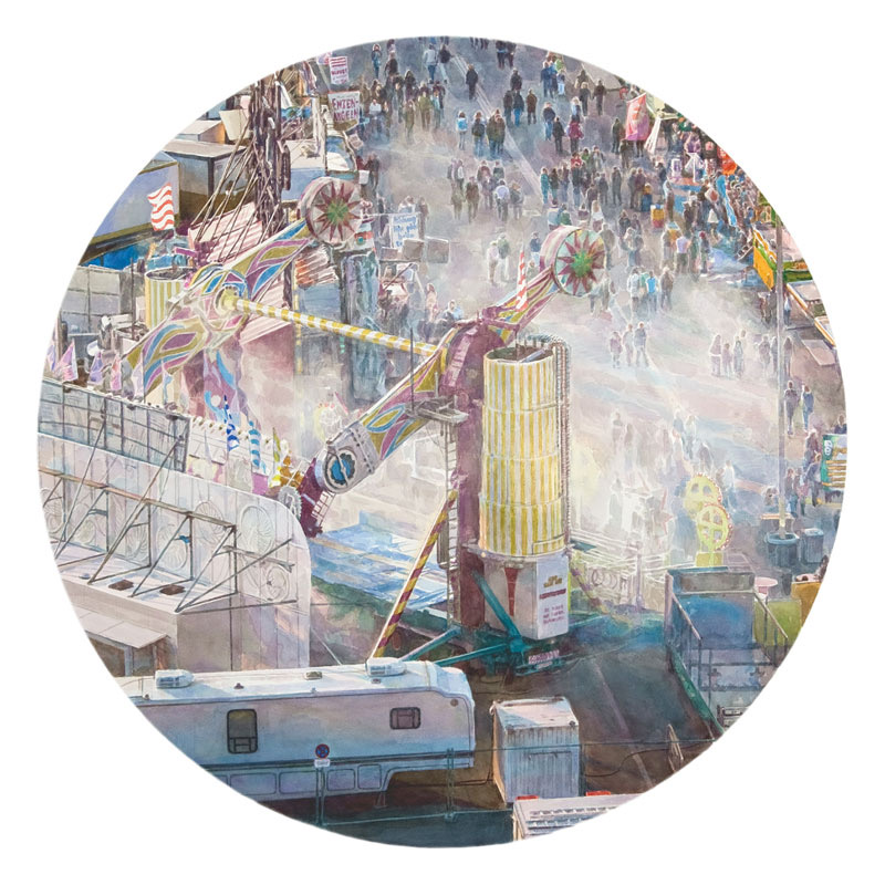 Aquarell im Kreisformat: Blick von oben auf ein Volksfest, ein Fahrgeschäft mit gestreiftem Arm, viel Menschen, Wohnwagen und Staub im Licht.