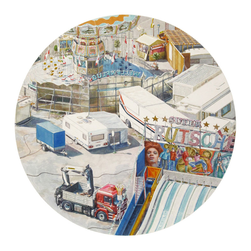 Aquarell im Kreisformat: Blick von oben auf ein Volksfest mit Kettenkarussell, Wohnwagen, einem Lastwagen mit Kran und einer Rutsche mit Schriftzug.