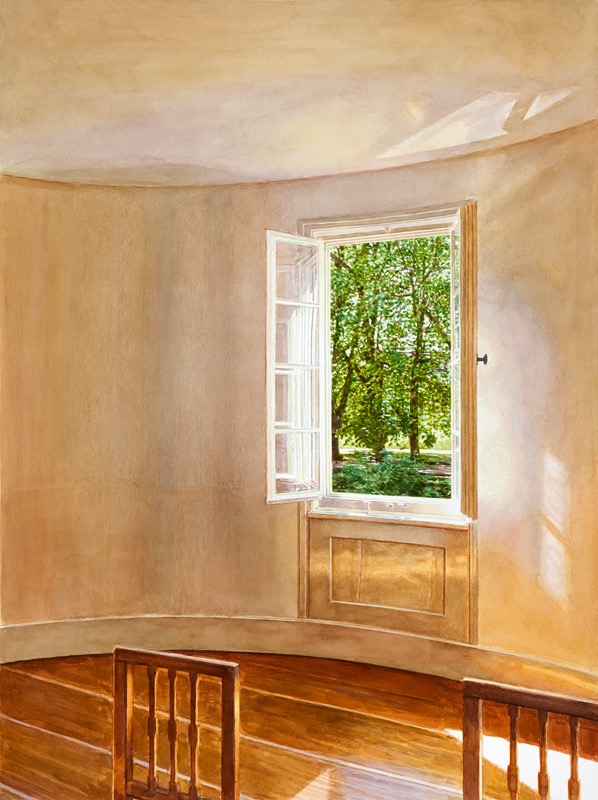 Aquarell: Ein runder Raum mit gelblichen Wänden, Holzboden und einem offenen Fenster, durch das man grüne Bäume sieht.