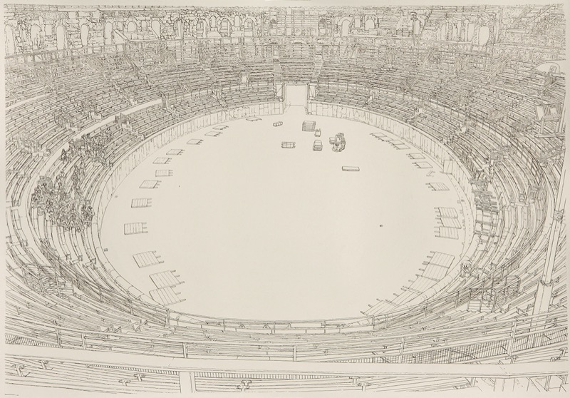 Tuschezeichnung: Blick in ein römisches Amphitheater mit vielen Rängen, in der leeren Mitte liegen Bretter, links sitzt eine Gruppe Menschen.
