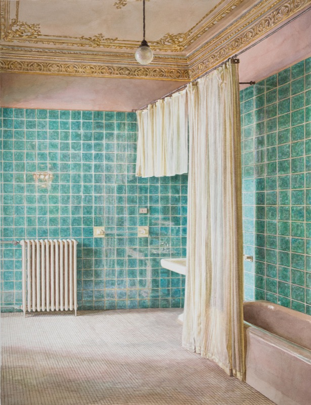 Aquarell: Ein Badezimmer mit türkisfarbenen Fliesen, Stuckdecke, Heizkörper, Waschbecken, Badewanne und einem hellen Vorhang.