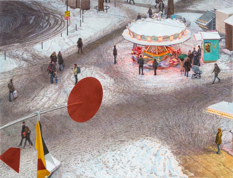 Aquarell: Blick von oben auf einen verschneiten Platz mit Menschen und einem beleuchteten Karussell, im Vordergrund ein rotes Mobile.