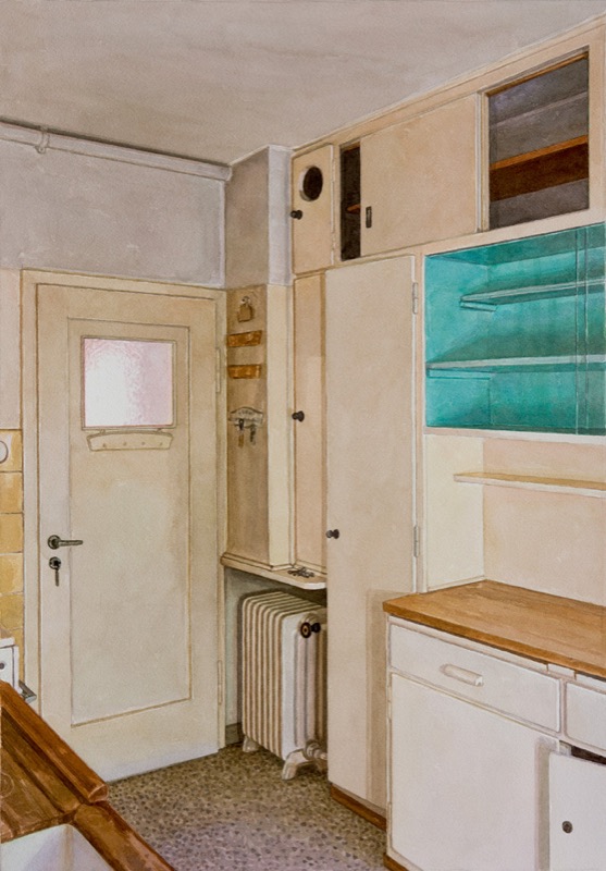 Aquarell: Eine Küche in hellen Farben mit Holztür, Heizkörper, Schrank und einem türkisfarbenen Regalfach.