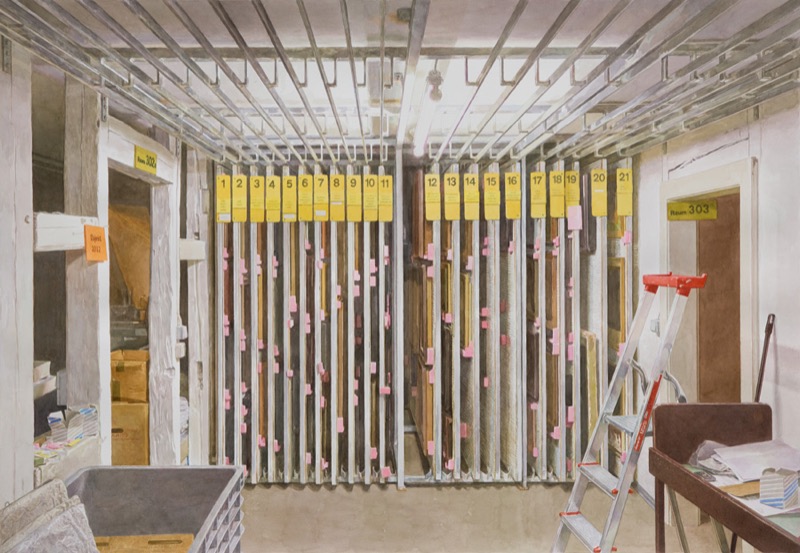 Aquarell: Ein Raum mit senkrechten Metallgestellen, an deren Oberkante gelbe Schilder mit den Nummern 1 bis 21 hängen, rechts eine rote Trittleiter.