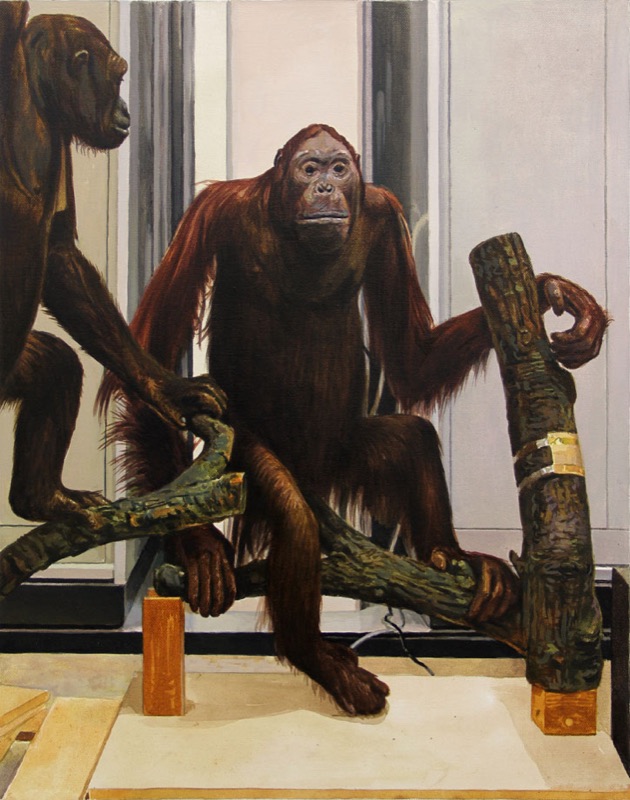 Acrylbild: Ein ausgestopfter Orang-Utan mit rotbraunem Fell sitzt zwischen Ästen auf Holzklötzen, links ein weiterer Affe angeschnitten.