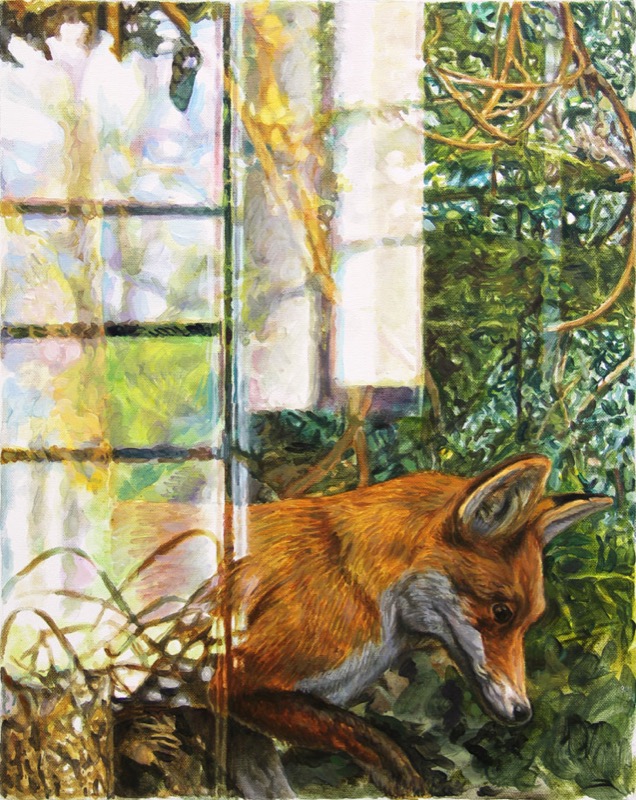 Acrylbild: Ein Fuchs schleicht durch Gebüsch vor einem Fenster, auf dem sich Licht und Äste überlagern.