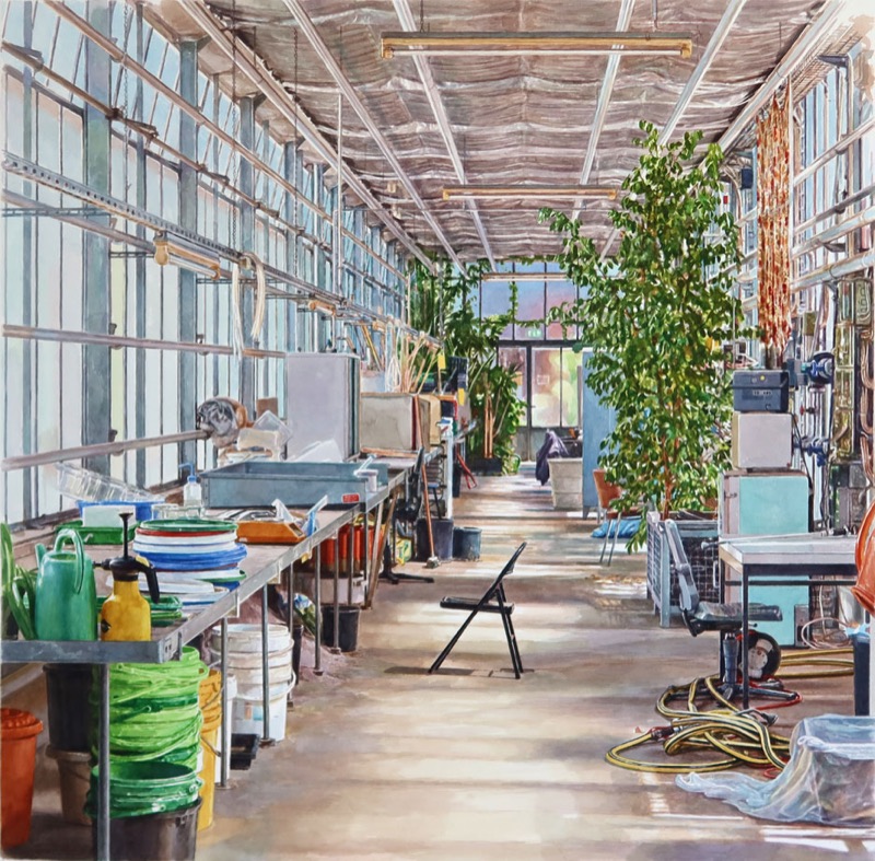 Aquarell: Blick in eine lange Gewächshaushalle mit Arbeitstischen, Eimern, grünen Schläuchen und einem Klappstuhl in der Mitte, rechts eine große Pflanze.