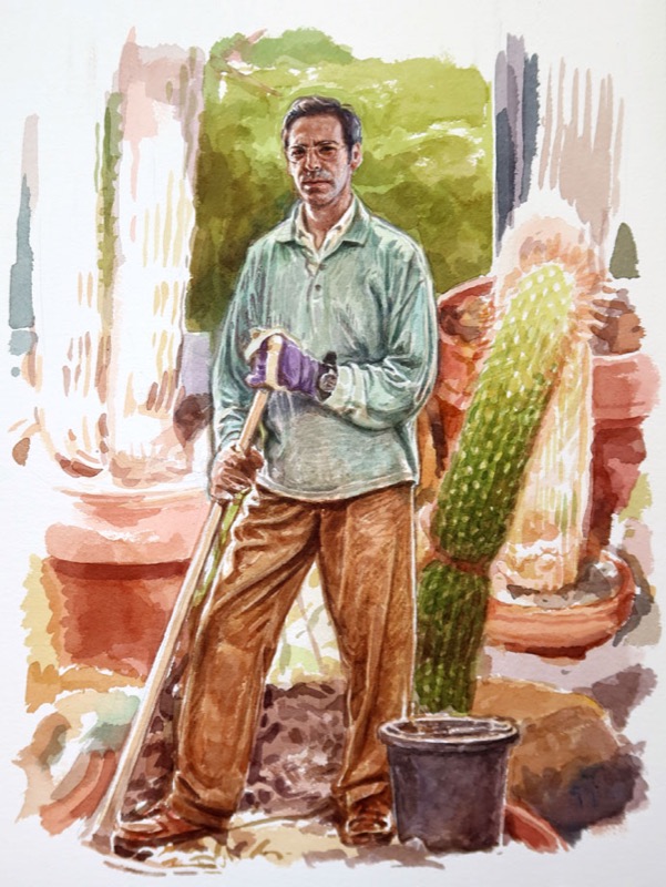 Aquarell: Ein Mann in hellgrünem Hemd und Handschuhen stützt sich auf einen Stiel, neben ihm steht ein hoher Kaktus in einem Topf.