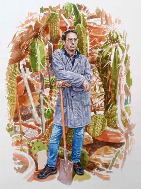 Aquarell: Ein Mann in grauem Kittel und Jeans stützt sich auf einen Spaten, um ihn herum wachsen Kakteen in Töpfen.