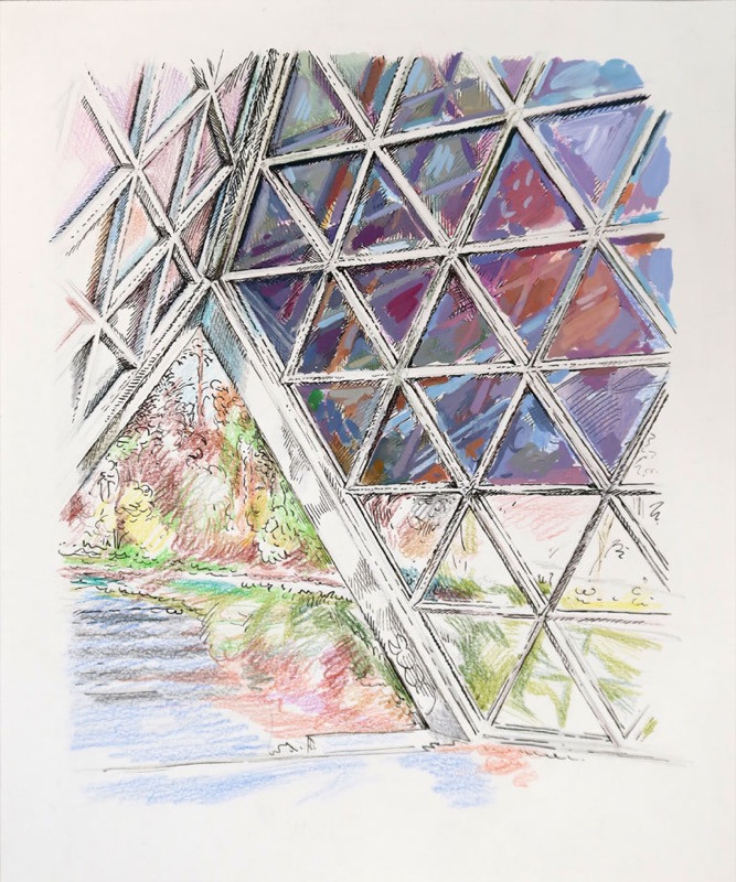 Zeichnung: Ein Gitter aus dreieckigen Glasfeldern in Tusche, einige Felder mit Buntstift und Gouache in Violett, Blau und Rosa gefärbt, links Blick auf einen Teich und Bäume.