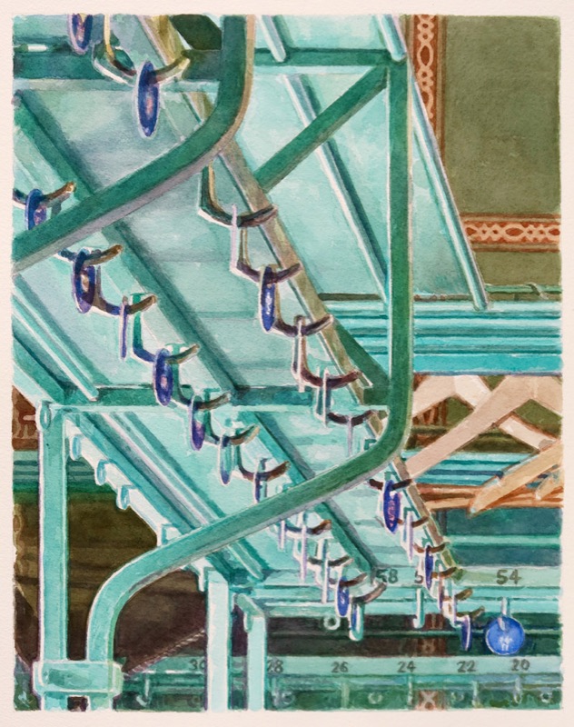 Aquarell: Türkisgrüne Garderobenstangen mit Haken und blauen Marken, die in einer Diagonale nach unten laufen.