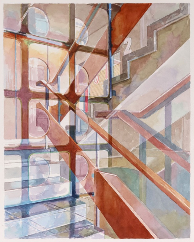 Aquarell: Treppenhaus mit braunen Handläufen und Glasflächen, links ein Raster aus runden Fenstern, oben rechts die Zahl 2.