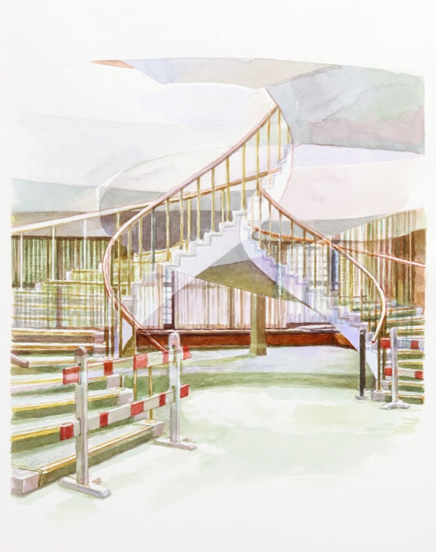 Aquarell: Helle Wendeltreppe mit Holzhandlauf, davor rot-weiß gestreifte Absperrungen.